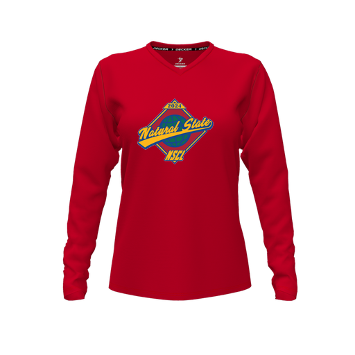 [CUS-DFW-TEES-PER-VNK-LSL-RED-FYXS-LOGO1] Performance T-Shirt (Female Youth XS, Red, V Neck, Logo 1, Long Sleeve)