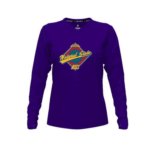 [CUS-DFW-TEES-PER-VNK-LSL-PUR-FYXS-LOGO1] Performance T-Shirt (Female Youth XS, Purple, V Neck, Logo 1, Long Sleeve)